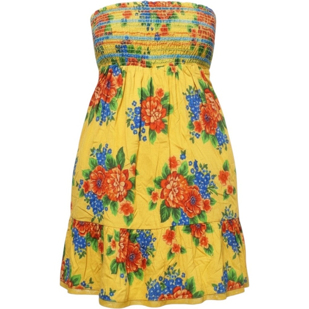 Flying Tomato Yellow Floral Smocked Strapless Dress Skirt Lace Hem ID10276 M